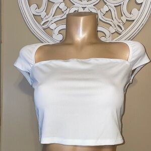 Shein women’s large shirt top crop white ribbed basic seamless stretch nwot